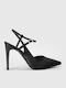 Pointed Toe Satin Heels with Strap Black