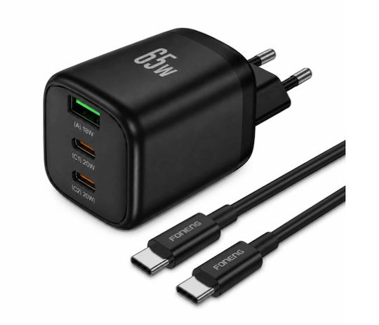 Foneng Φορτιστής GaN με Θύρα USB-A και 2 Θύρες USB-C και Καλώδιο USB-C - USB-C 65W Power Delivery / Quick Charge 3.0 Μαύρος (Cube-EU)
