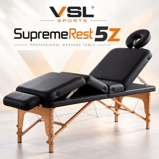 VSL Sports Supremerest 5Z Сгъваемо Дървено Легло за Физиотерапия, Черно, 185x70 см