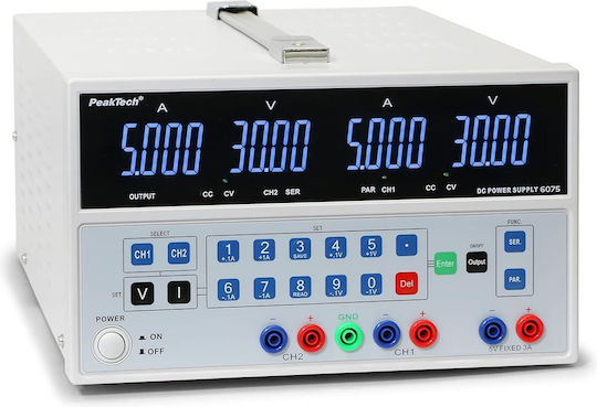 Peaktech P 6075 Dual Linear Laboratory Power Supply 2 × 0–30 V 0–5 A Fixed 5 V 3 A Output Numeric Keypad Usb Pc Interface Led Display 2 × 150 W Short-circuit Protection 9.5 Kg Black
