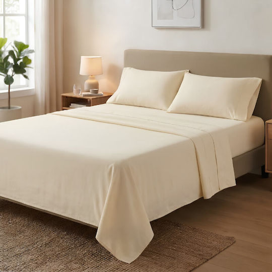 Marwa Super-Double Bed Sheet Set with Fitted Sheet 160x200+30cm Cream (4pcs)