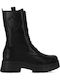 Black Leather Women's Combat Boots with Medium Heel
