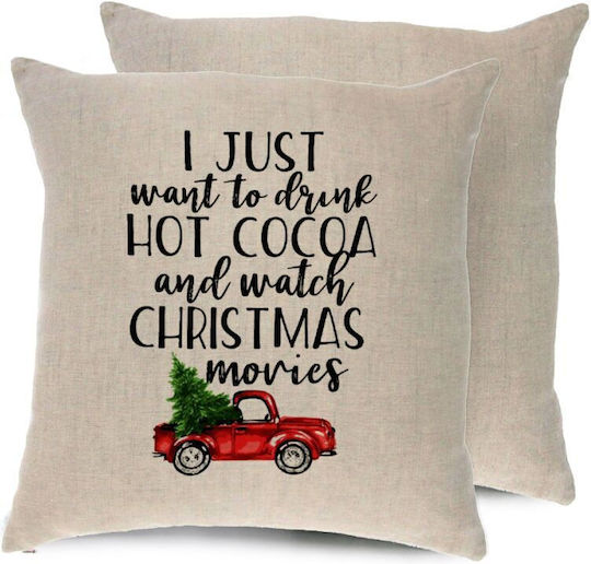 Tstudio Διακοσμητικό Μαξιλάρι I Just Want To Drink Hot Cocoa And Watch Christmas Movies Pickup Car — Λινό